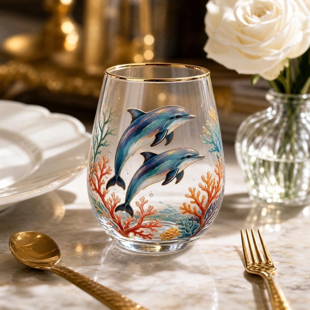 Decorative Glass Cup with Dolphin Print for Home Use Juice and Beverage Drinking Stemless Design Dishwasher Safe 16oz Capacity