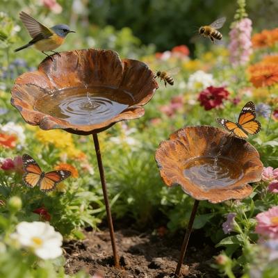Bain d'oiseaux de jardin vintage rouillé Art en fer Piquet pour jardin de fleurs Station d'arrosage pour abeilles Décor de cour