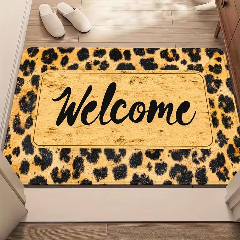 

Leopard Print Doormat with Golden Welcome Letter Front Door Mat Cozy Entrance Carpet for House Home Decor Non-Slip Floor Mat 40cm x 60cm