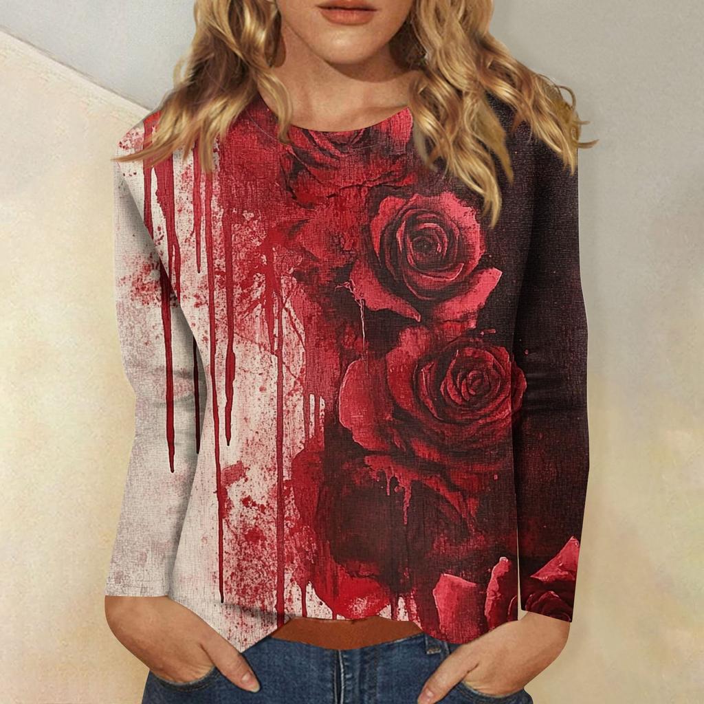 Women's Long-sleeved Loose-necked Halloween Print Casual Top, Suitable for Holiday Parties