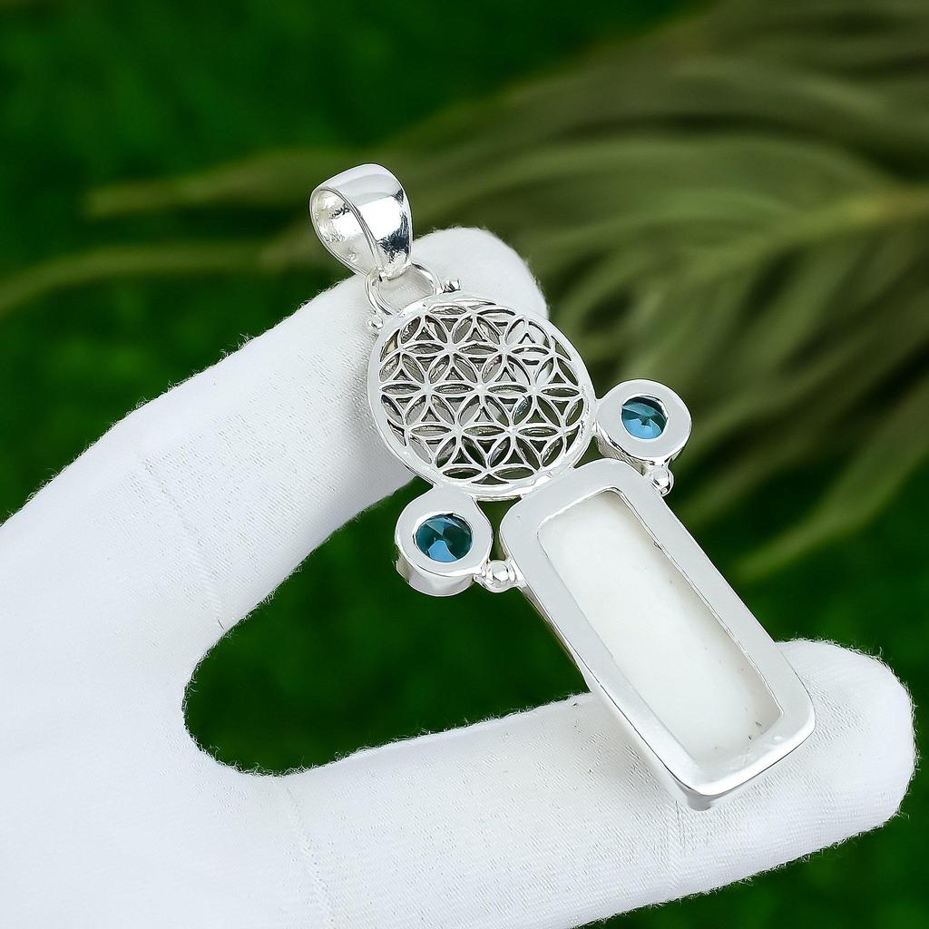 Sterling Silver Natural Scolecite Swiss Blue Topaz Daughter Boho Pendant Jewelry