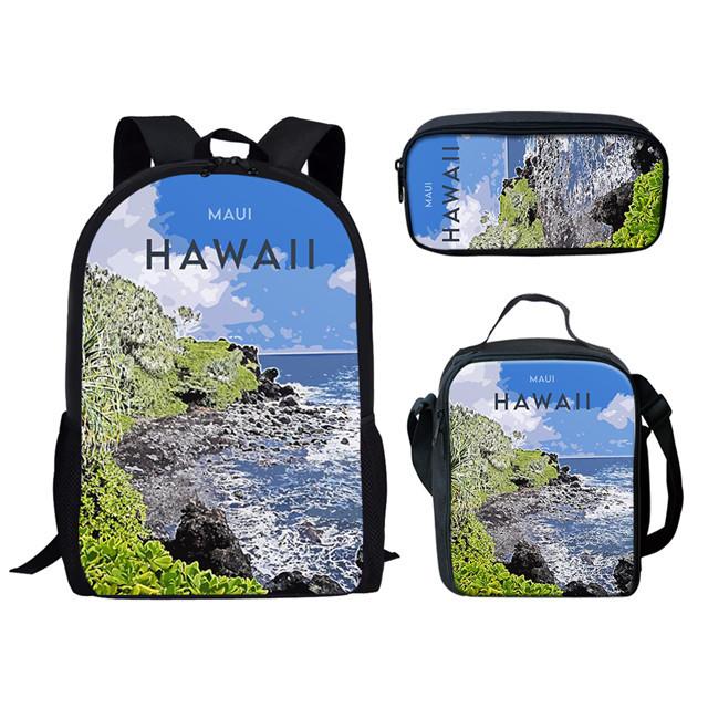 Klassiek Populair Grappig Hawaï Eiland Landschap 3D Print 3 stuks/Set leerling Schooltassen Laptop Dagrugzak Rugzak Lunchtas Etui