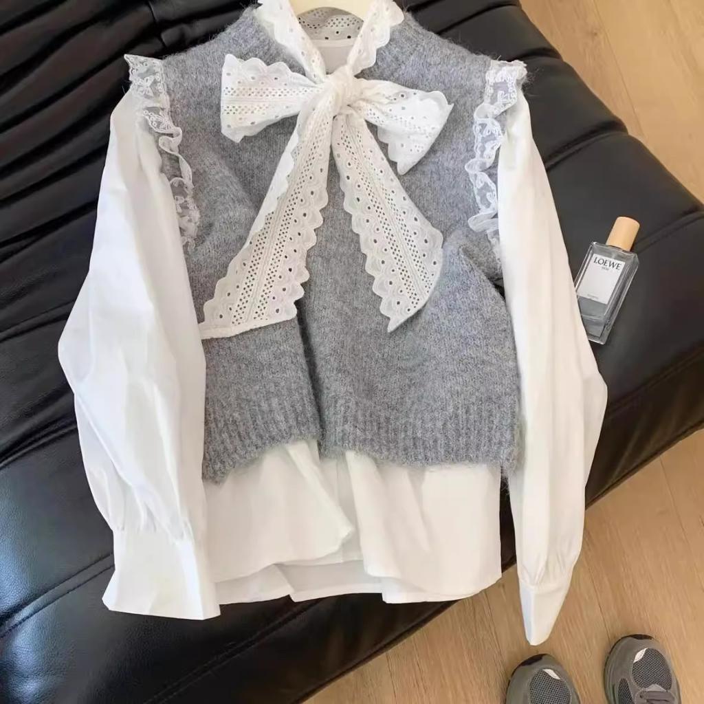 Womens Vintage Lace Trim Sleeveless Knit Vest Korean Style Loose Fit Layering Top