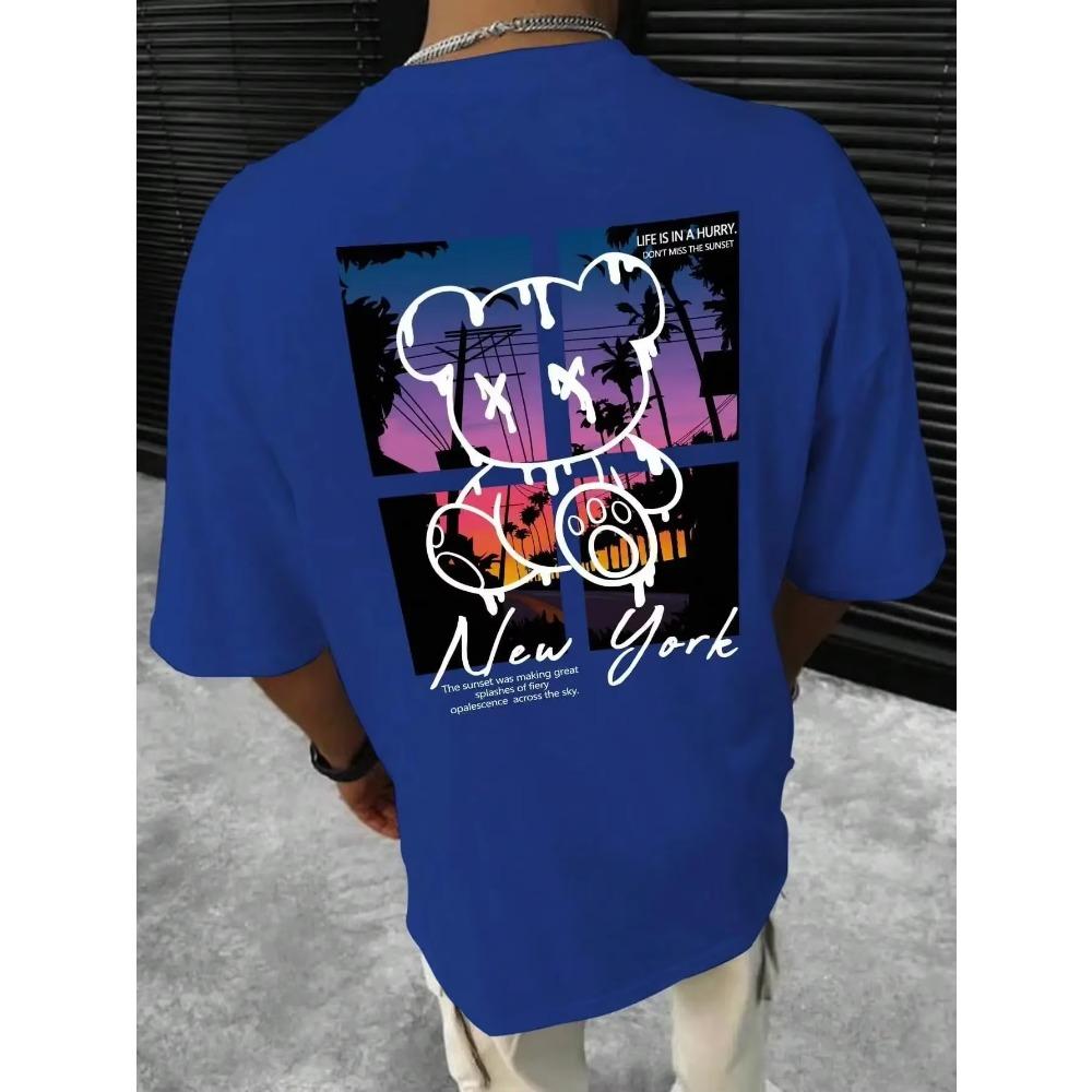 New York Art Word Cartoon Bear Sunset Scenery Design T Shirts Men Fashion Loose Summer  Oversized  Harajuku  Redtube