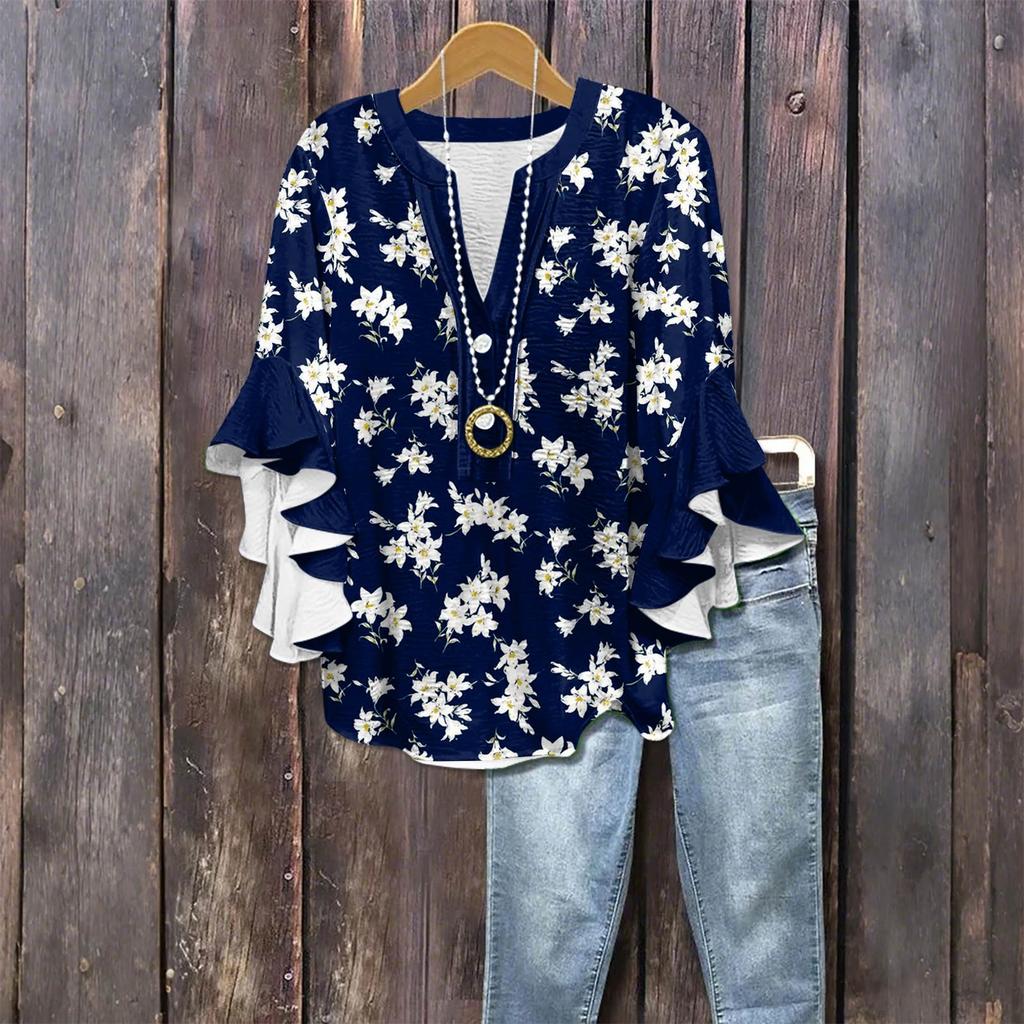 Modă Femei Casual Buton Gât V Mânecă Șapte Bluză Top Imprimeu Vintage