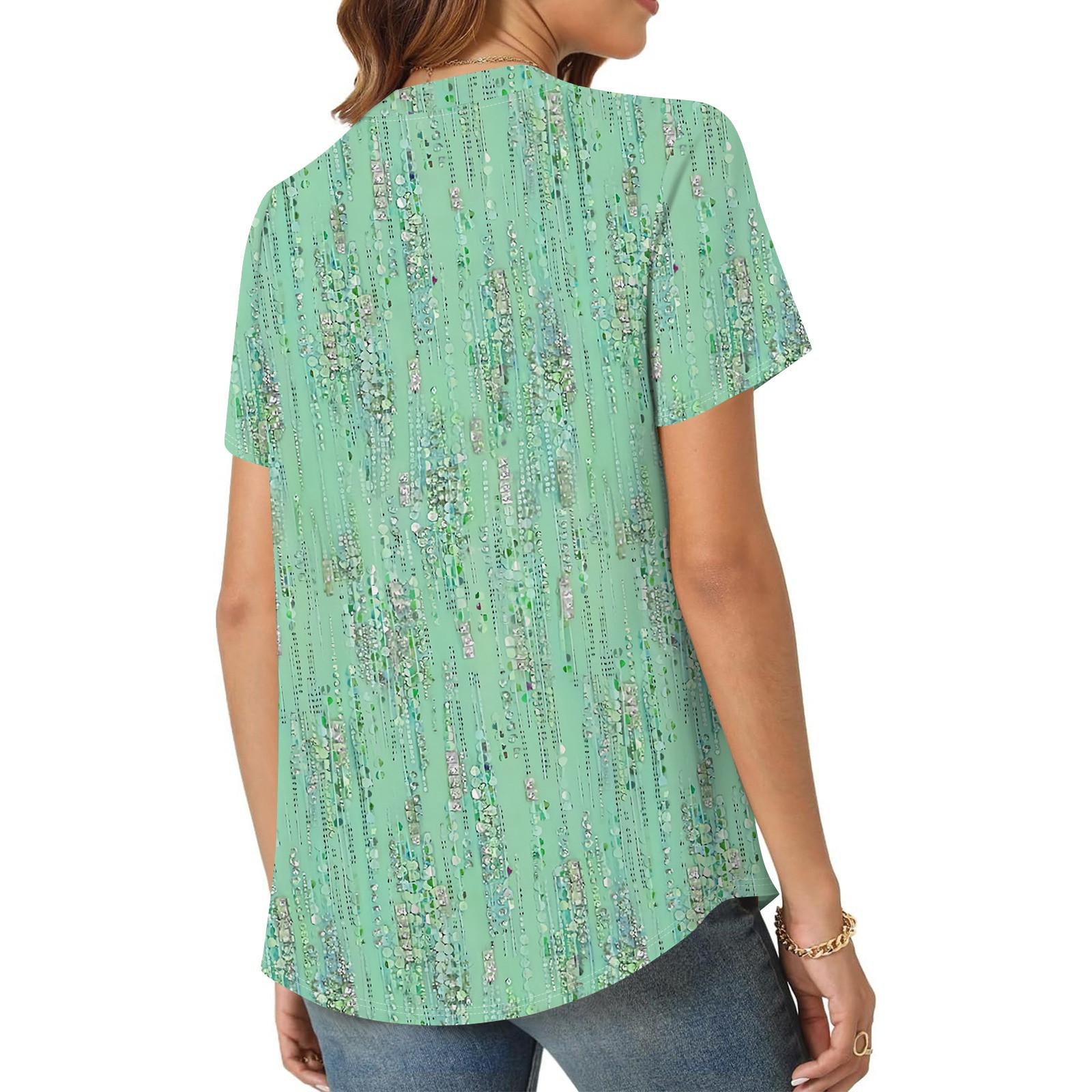 Женская повседневная свободная футболка с коротким рукавом и v-образным вырезом на груди — фото 10