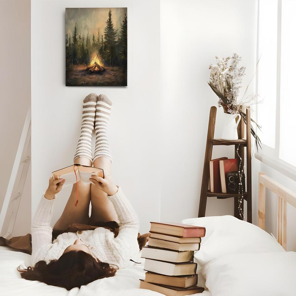 APJYM Rustic Pine Tree Forest Camfire Camping Wall Art, Vintage Dark Moody Wood Land Nauture Landscape Canvas Wall Art for Cabin Camper Home, 11x14