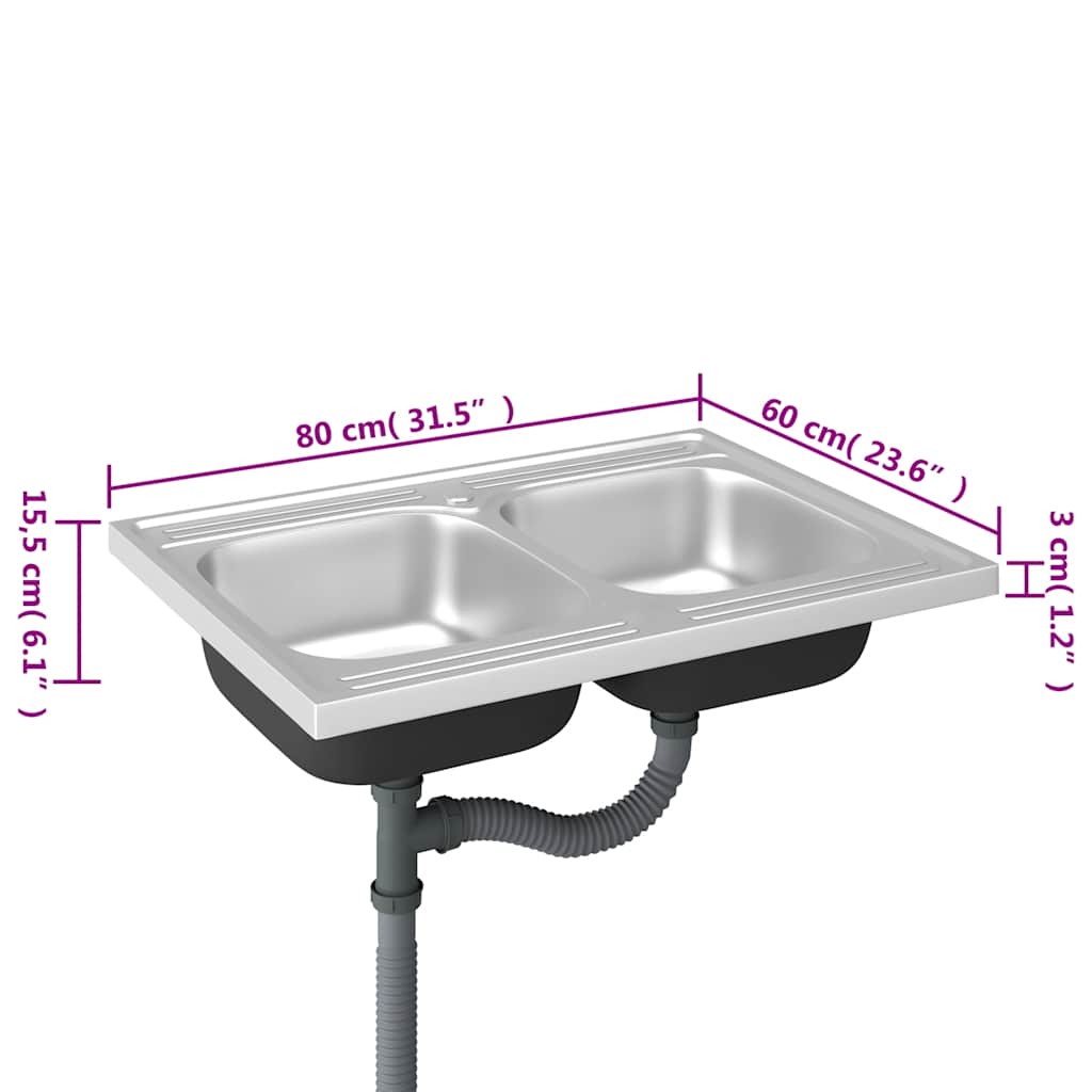 Double Kitchen Sink Silver 800x600x155 mm Stainless Steel