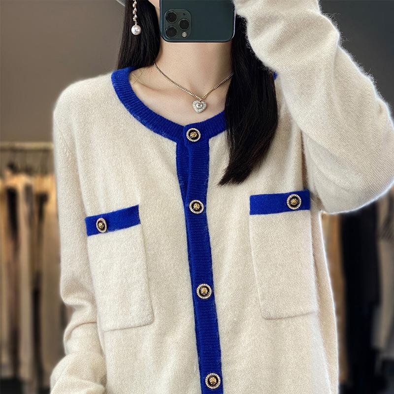 

Round Neck Wool Short-sleeved Knitted Cardigan for Women In Spring and Autumn New Fashionable Color-blocking Temperament Jacket Top M