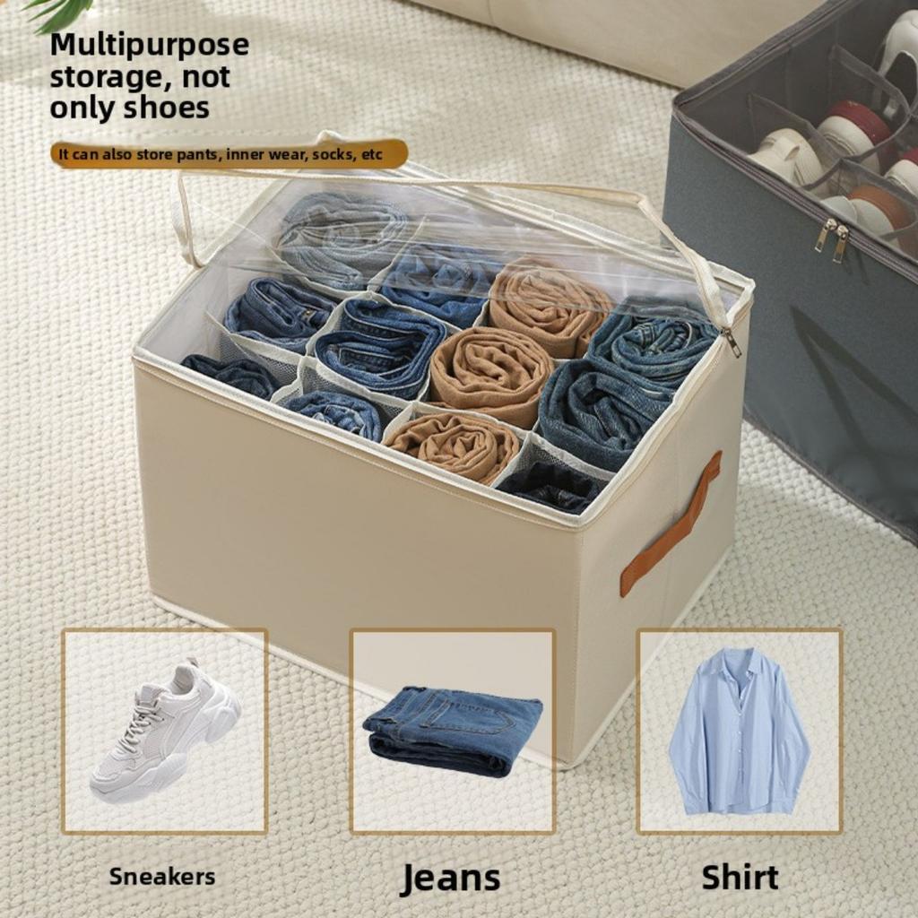 Oxford Cloth Space Saving Shoe Storage Organizer, with Adjustable Partition, Foldable, Suitable for Shoes, Clothes, and Accessories, with Zipper