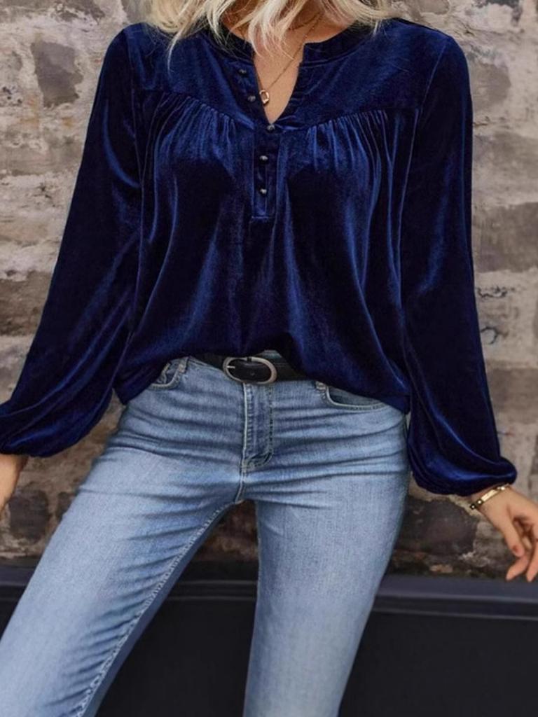 Damen Frühlings-Herbst Lässiges V-Ausschnitt Langarm Top