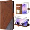Case + 2 Tempered Glasses for Samsung Galaxy S26 Plus, Shockproof Scratch-Resistant Leather Effect Brown Grey