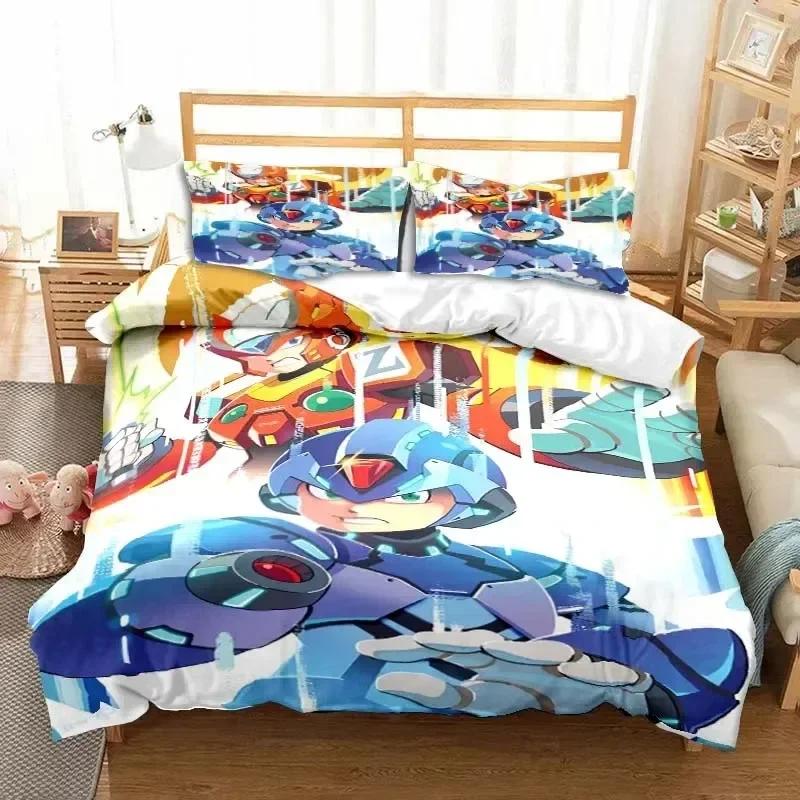 Rockman Megaman Game Cartoon Bedding Set Printed With Pillowcase Bed Duvet Cover Soft Queen King Size Bedclothes Home Boys Gift