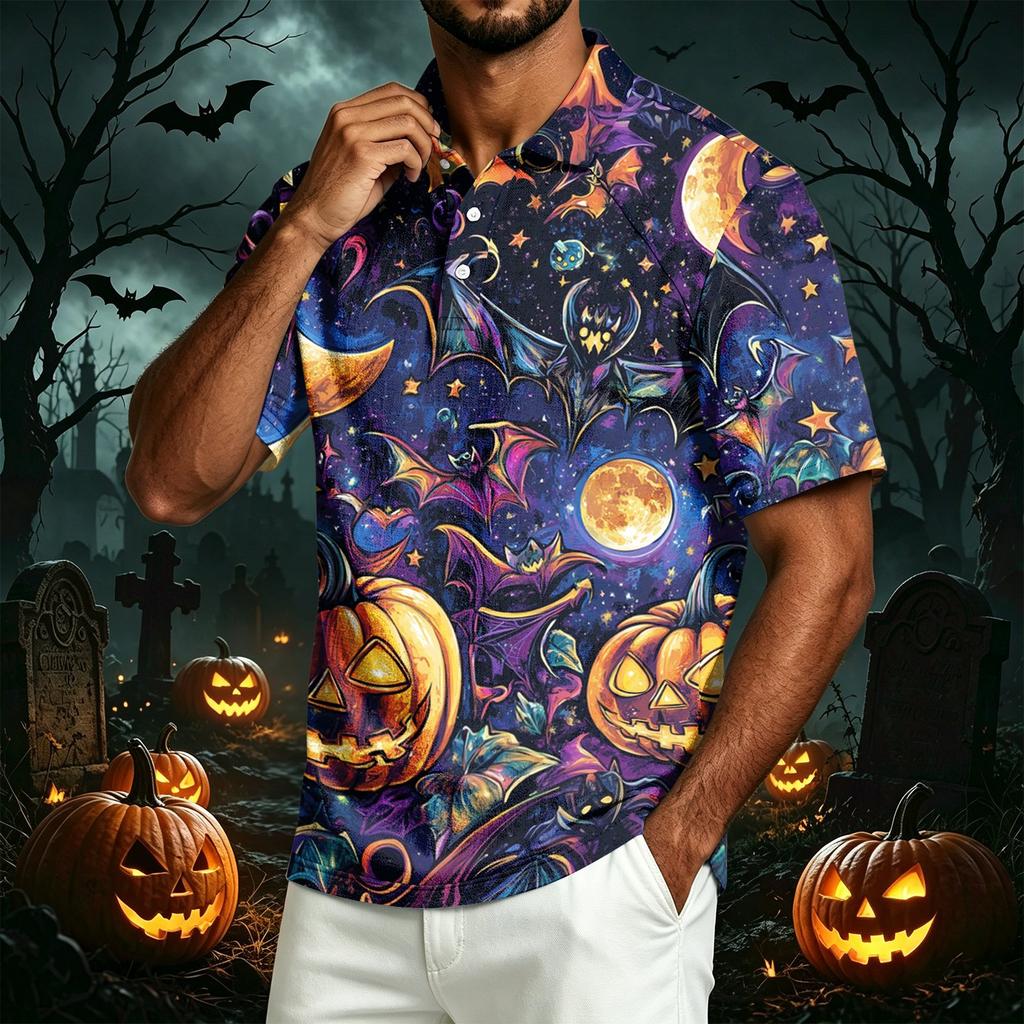 Men's Casual Lapel Lightweight Cotton Linen Breathable Short Sleeve Shirt with Halloween Pumpkin Print for Daily Wear