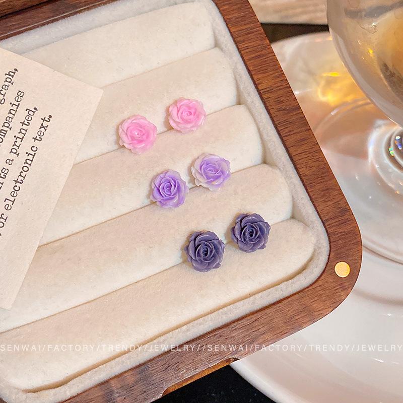 Dopamine Rose Flower Stud Earrings Women's Summer Small Earrings Design Sense Earrings