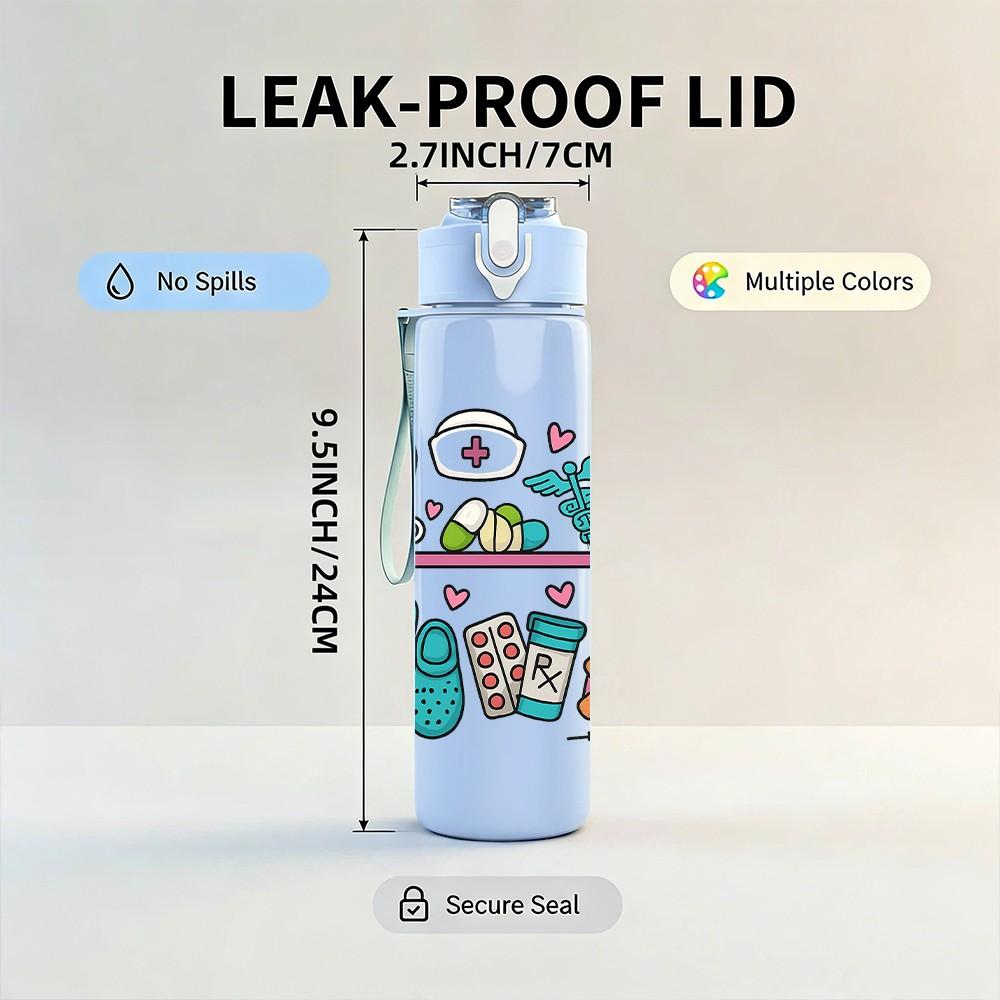 1PC Medical Tool Floral Frame Layout 750ml Color Plastic Sports Water Bottle Leakproof Flip Straw Lid For Sports Office Home Use