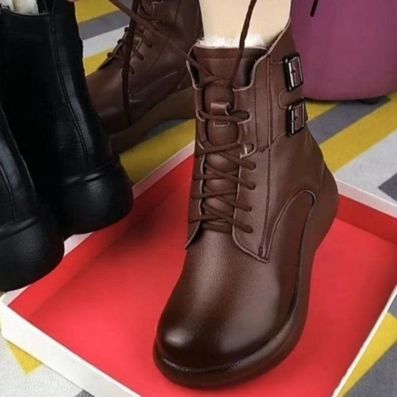 2025 Winter Straps and Velvet British Style New High-top Temperament Slim Flat-bottomed Round Head Medium Heel Short Boots