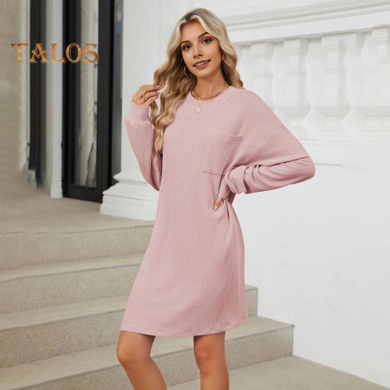 Herbst Frühling Kleid Faden Einfarbig Lose Brust Tasche Lange Ärmel O Hals Pullover Knie Länge Pendeln Dating Midi Kleid