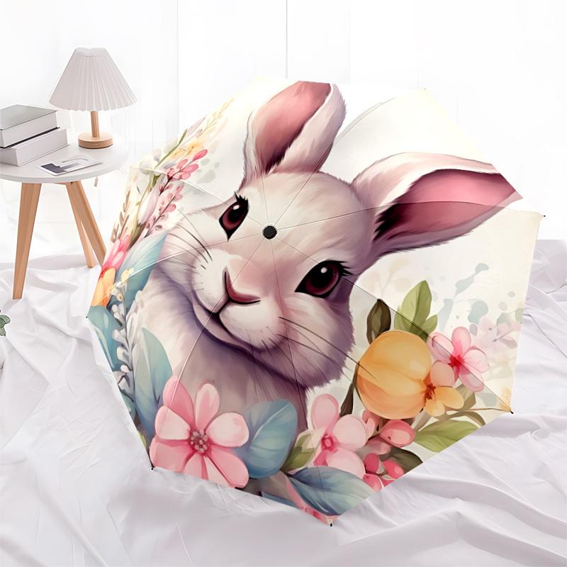 1pc Bunny Floral Bouquet Automatic Folding Umbrella, 8-Rib Iron Frame, Casual Outdoor Accessory for Birthday Festival Gifts Yy251128189