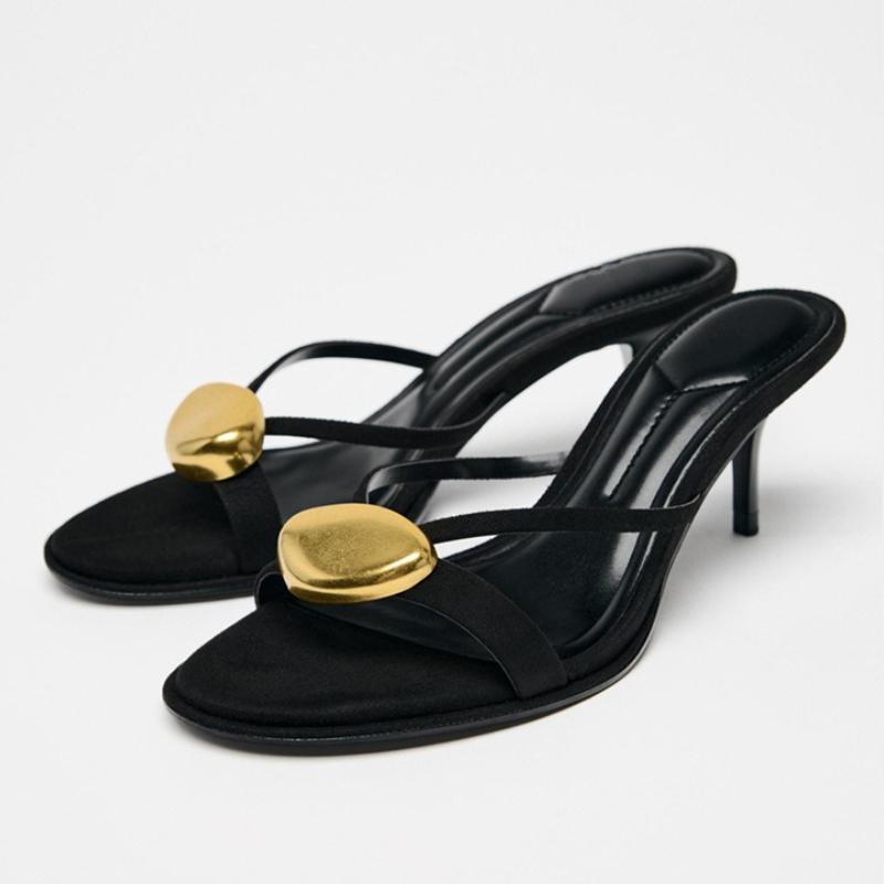 

Fashion Black Round Toe Metal decoration Designer Brand Sandals Women Sexy Open Toe Narrow band Slide Sandals Comfort 42 plus size shoes 42 чёрный