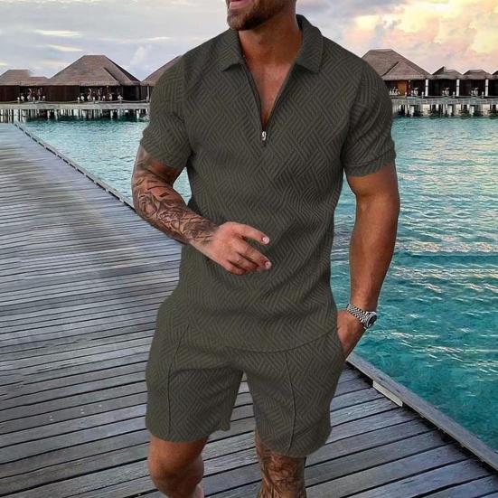 2 Pcs/Set Men Shirt Shorts Set Zip Neckline Lapel Solid Color Short Sleeves
