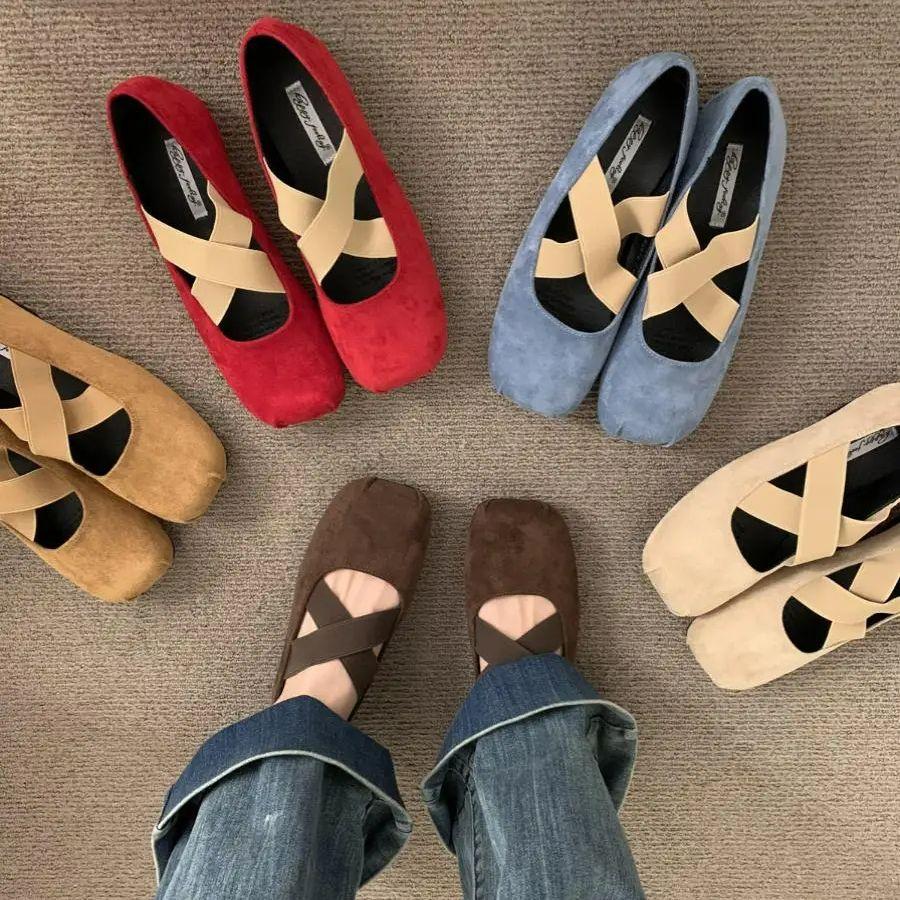 Fashion Bailamos Women Flats Elastic Cross Ballet Shoes Suede Single Shoes New Retro Everything Soft Soled Mary Jane Casual Shoes Mujer
