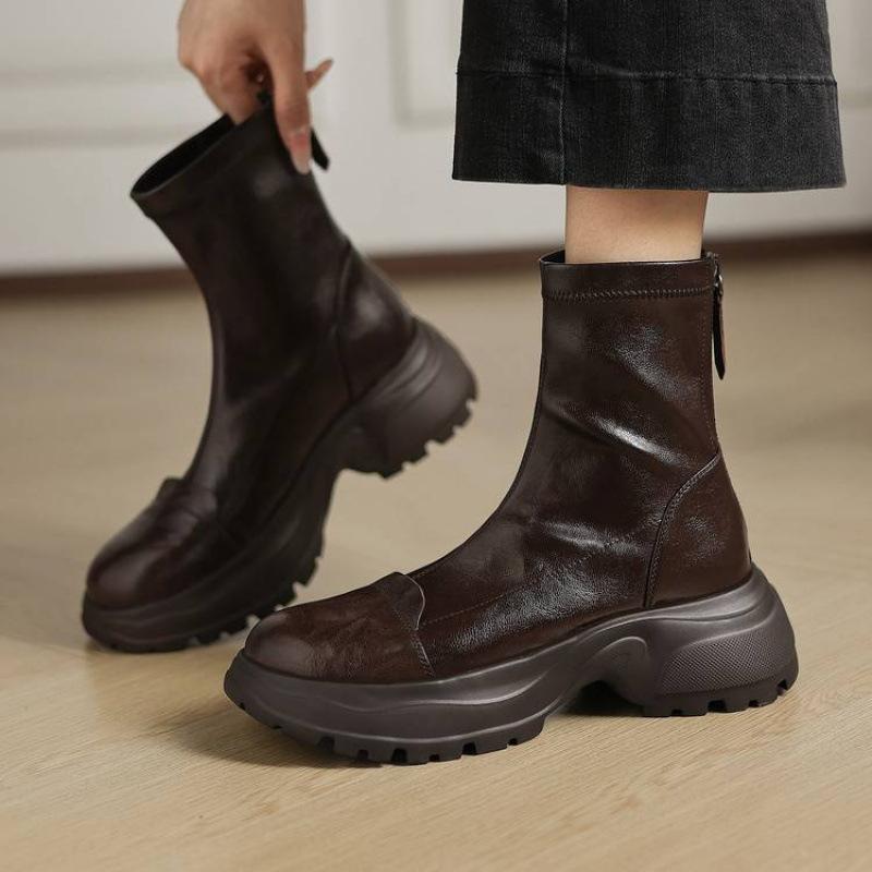 Autumn and winter women's leather boots solid color medium heel round head versatile large size women's boots genuine leather medium boots sheepskin 