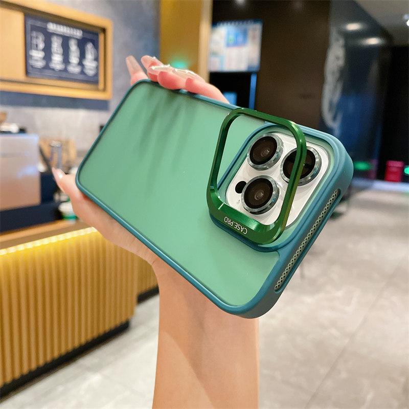 With Lesn Film Metal Camera Holder Stand Phone Case For iPhone 15 Plus 14 Pro Max 13 Pro 12 11 Shockproof Matte Lens Bracket Shell Cover