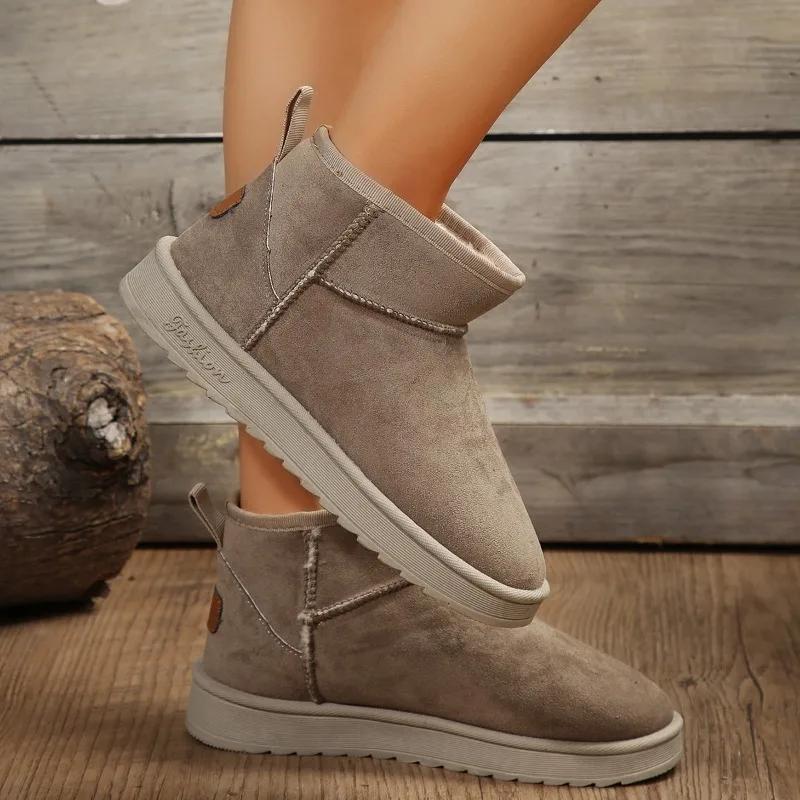 Women's Designer Short-Tube Snow Boot Winter Plush Warm Platform Shoes Suede Round-Toe Flat Heel Ankle Boots Plus Size 42