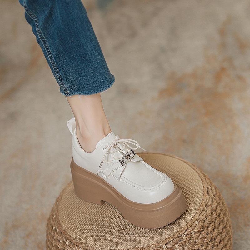 

Женские новые универсальные одинарные туфли на шнуровке на толстой подошве с внутренней платформой из черной маленькой кожи 38 абрикосовый