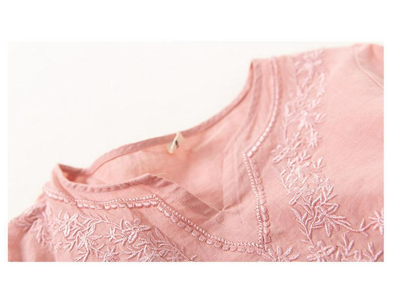 Tricou de damă din bumbac și in, culoare uni, mânecă scurtă - Top lejer retro la modă de vară 2024