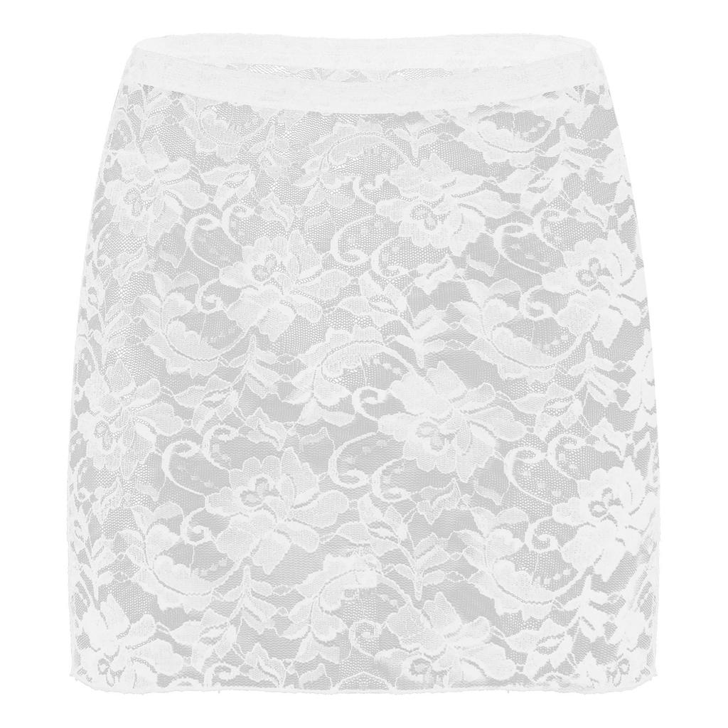 Jupe Dentelle Florale Femme Tissu Transparent Transparent Taille Mi-haute Ceinture Élastique Vêtement de Nuit Mini-jupe