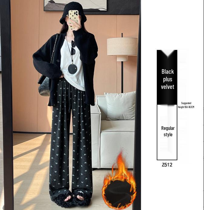 Bowknot High Waist Fleece-Lined Wide Leg Pants for Women, Spring 2025 Collection