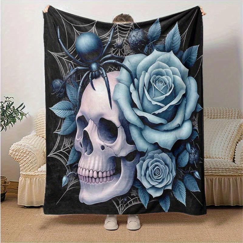 1pc Blue Rose and Spider Blanket Cute Home Decor Soft Perfect Gift for Birthday or Christmas, Living Room, Travel, Camping