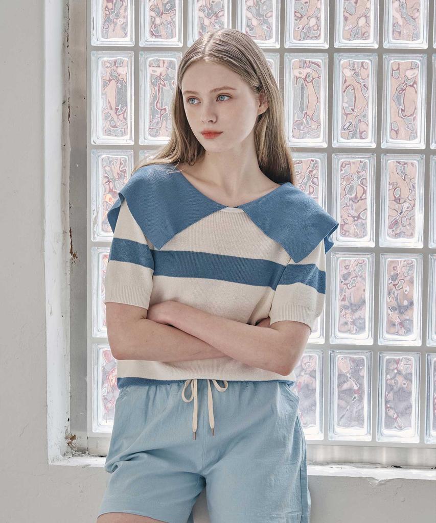 SOUP Sailor Collar Neck Striped Half Knit (Sb5Skf2)