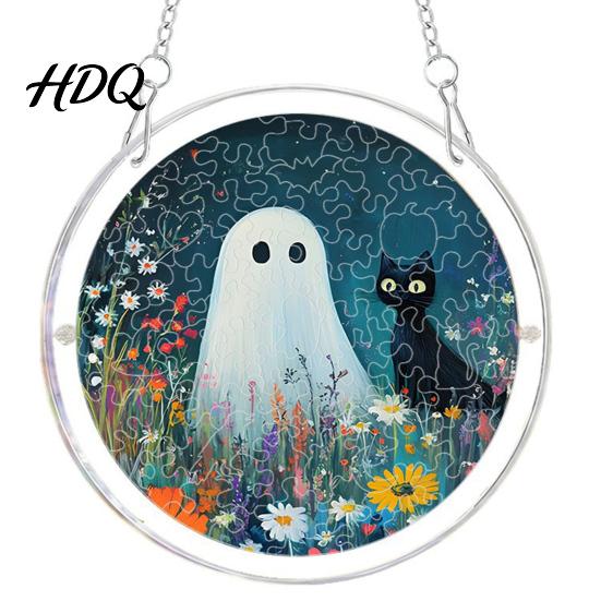 UV Printed Halloween Decor Acrylic Suncatcher Jigsaw Puzzle Set Spooky Ghost Floral