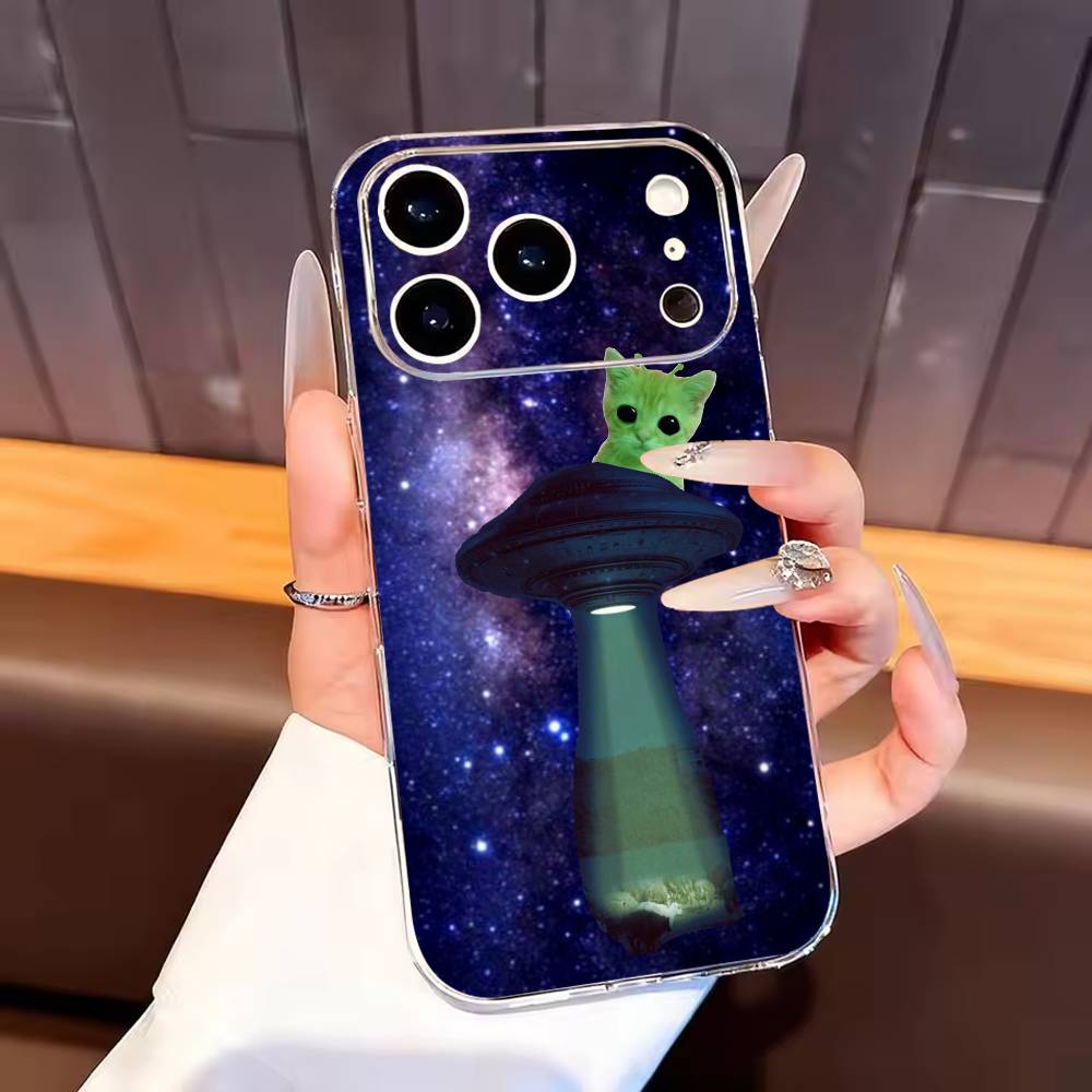 Green alien cat cute Phone Case For iPhone17,16,15,14,13,12,11 Plus,Pro Max Soft Transparent Cover