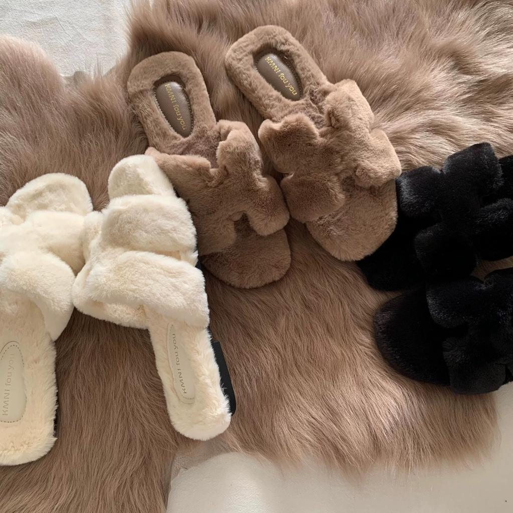 Exquisite! Gentle! Old Money~ INS Fairy Night Wind Fluffy Slippers Autumn and Winter Lazy One-word Drag Non-slip French Style