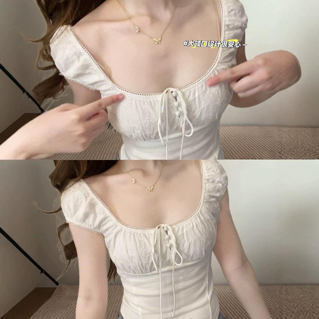 Reines Verlangen miu Spitze Blasenärmel One-Shoulder Kurzarm-T-Shirt Damen Sommer Super gut aussehend Schlankes Quadratischer Ausschnitt Oberteil