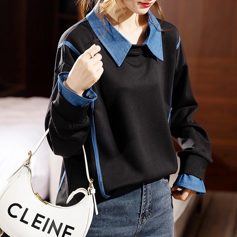 Hanorac fără glugă pentru femei: Modă Toamnă/Iarnă 2023, Croială Largă, Mânecă Lungă la Modă, Aspect Două Piese False, Mărime Mare.