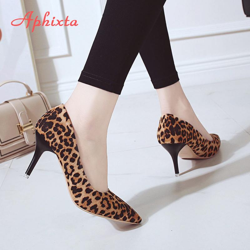 Fashion Aphixta Leopard Shoes Woman Heels Pumps High Nude 8cm Thin Heels Wedding Shoes Party Ladies Shoes Classic Pumps Big Size 44