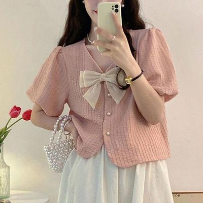 Camisa Coreana Dulce de Cuello en V con Lazo Ropa de Mujer Elegante de un Solo Botón Verano Color Sólido Casual Básica Manga Corta Holgada Blusa