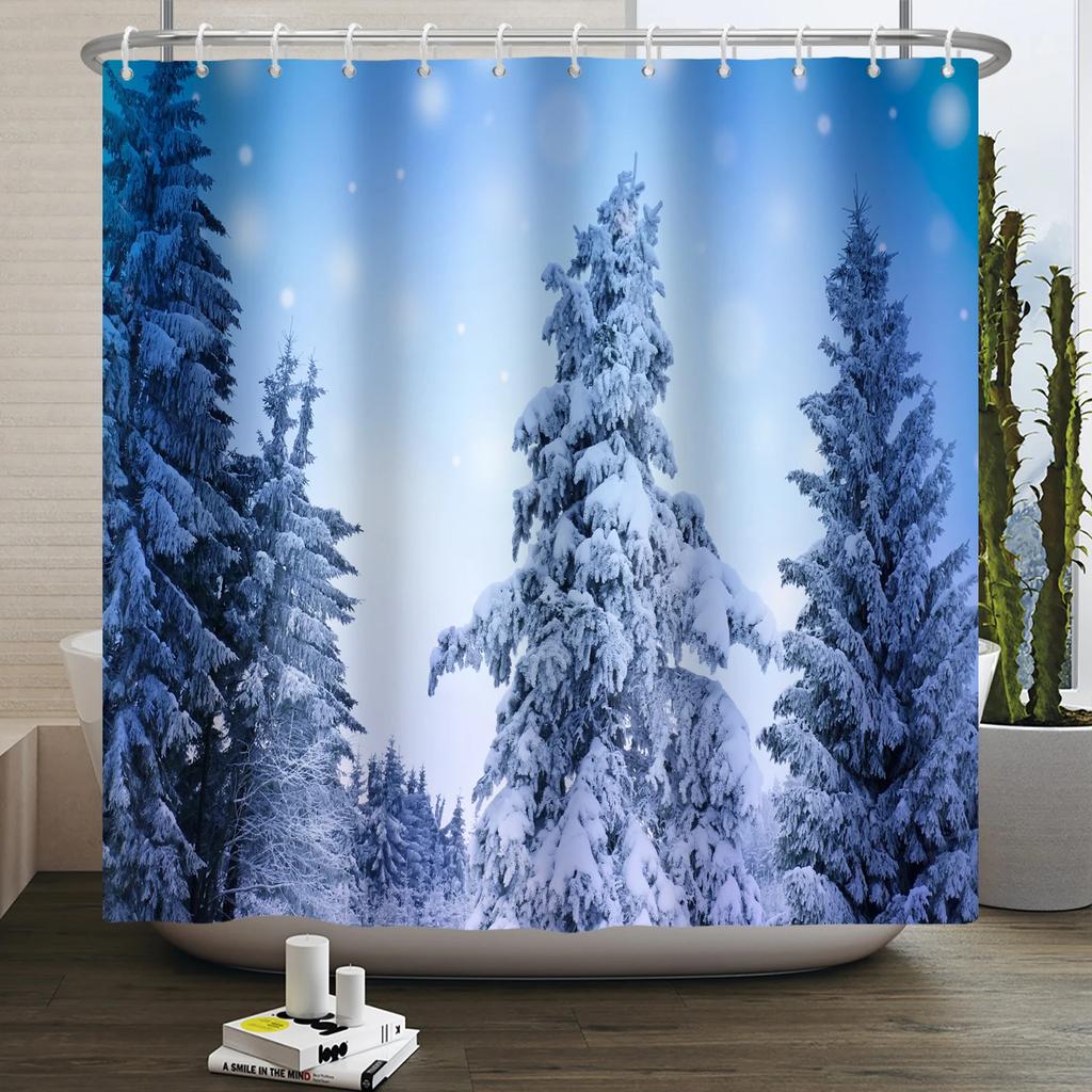 Christmas Shower Curtain Xmas Tree Winter Forest Snow Cute Snowman Bathroom Shower Curtain Waterproof Bath Curtain With Hook