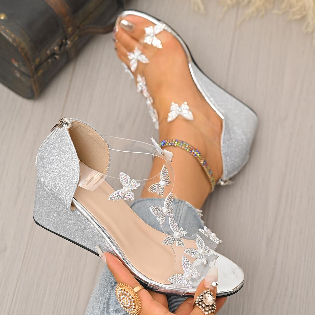 Women's Back Zipper Rhinestone Wedge Sandals Iris I-Shaped Beach Sandals