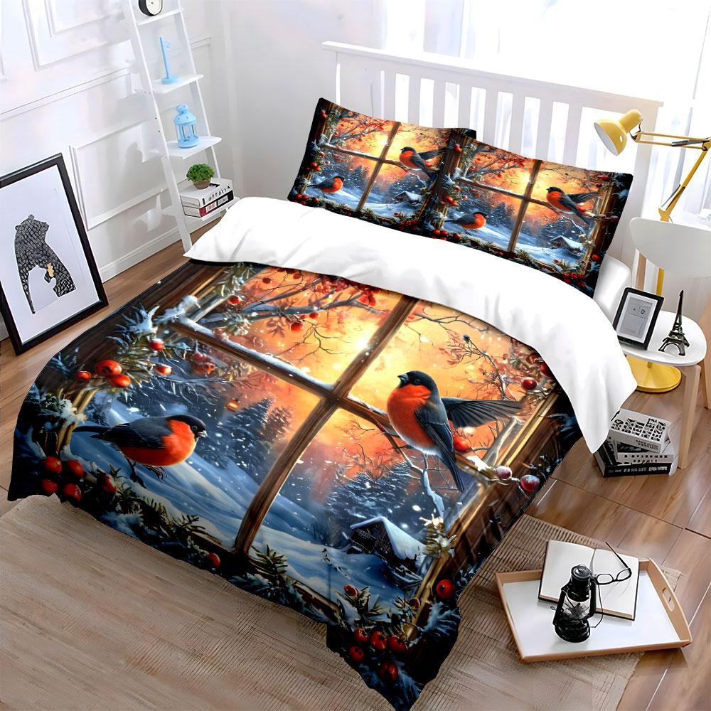 Winter Birds And Snowy Landscape Kid'S And Adults' Bedroom Decor, Exquisite Three-Piece Bedding Set Gift