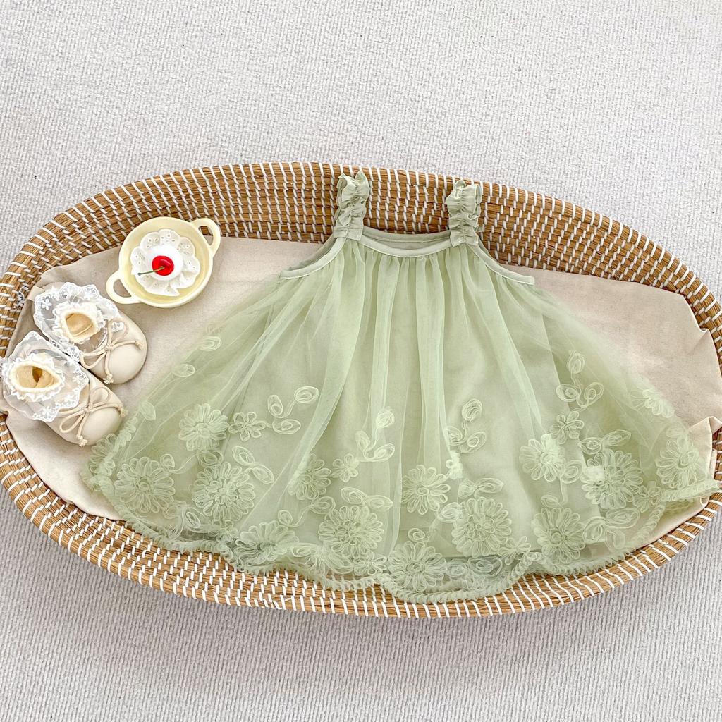 Girls Summer Sweet Mesh Floral Strap Princess Dress Baby Chic Travel Sundress
