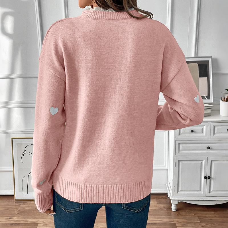 Love Print Russian Knit Sweater with Lace Trim - Autumn/Winter Stand Collar Valentine's Day Pullover