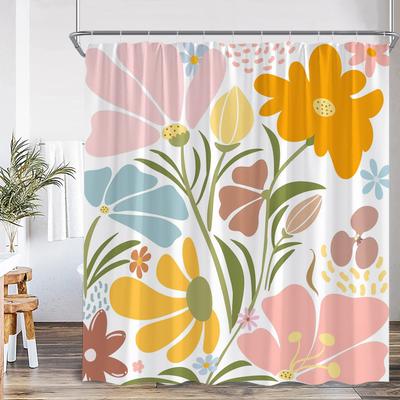 Boho Bloemen Douchegordijn Abstracte Bloem Plant Boheemse Badkamer Decor Esthetisch Polyester Badgordijn met Haak