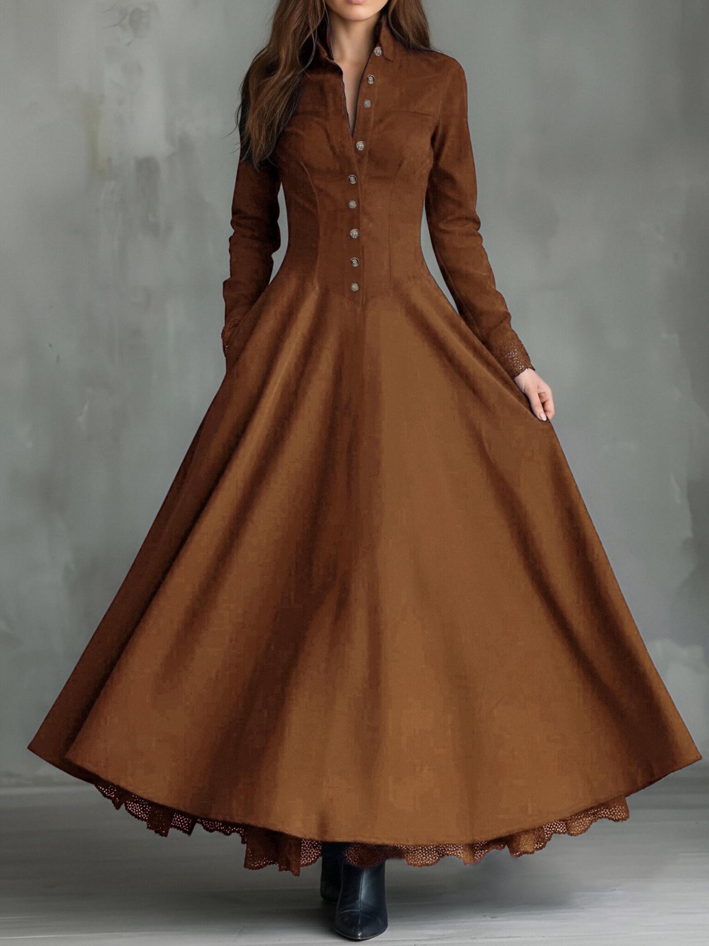 2025 Retro Faux Suede Lace Trim Patchwork Long Dress Extra Extra Large оранжевый