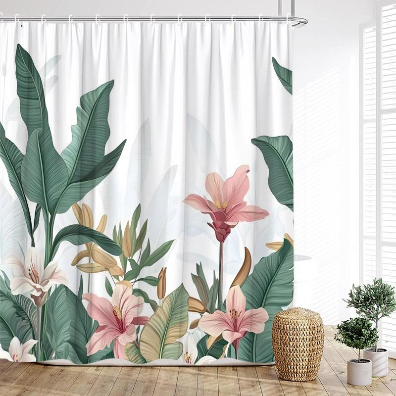 Tropical Hummingbirds Shower Curtains Green Gold Palm Monstera Leaves Flowers Bath Curtain Polyester Fabric Home Bathroom Decor